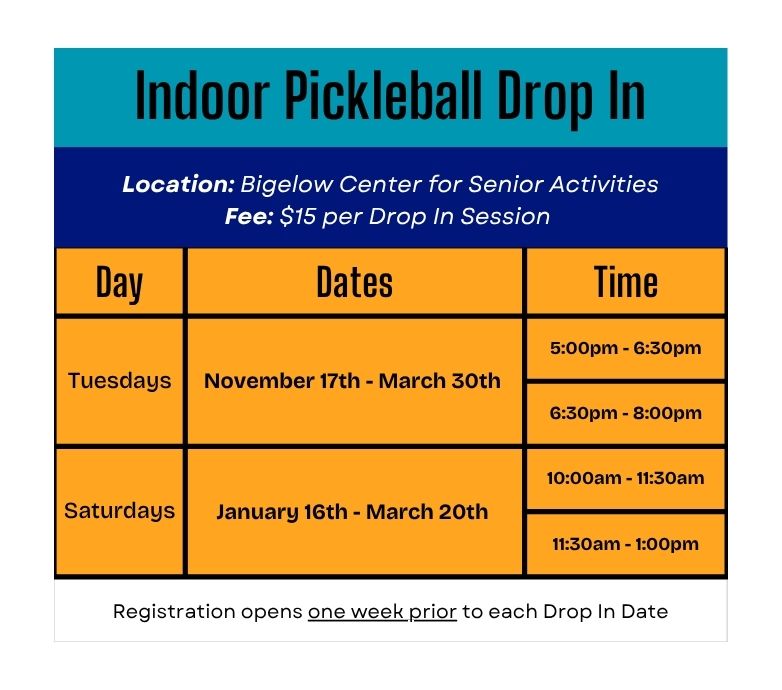 Indoor Open Play Pickleball.  Bigelow Senior Center $15 per drop in session.  Tuesdays November 17-March 30 5-6:30pm, 6:30-8pm.  Saturdays January 16-March 20 10-11:30am, 11:30am-1pm  Registration opens one week prior to each drop in date